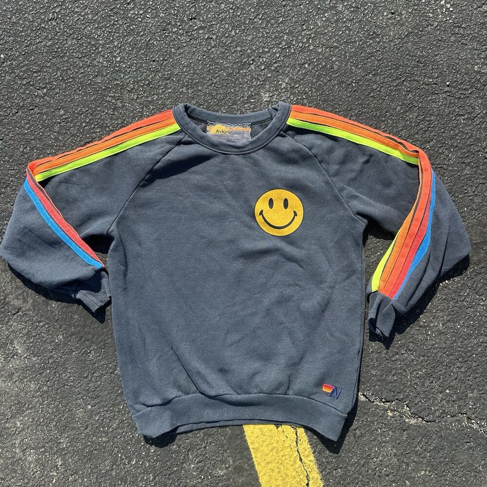 Aviator Nation Charcoal Grey Smiley Crewneck Neon Stripes Bloomingdale’s small